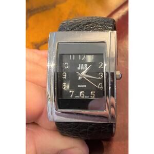 Women's JAS Silver Tone Watch, Black Leather Wrapped Band and Face